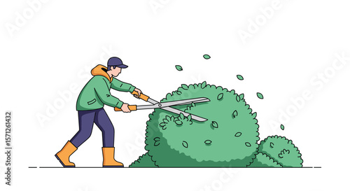 Gardener using shears to trim and shape a large green bush in a garden setting