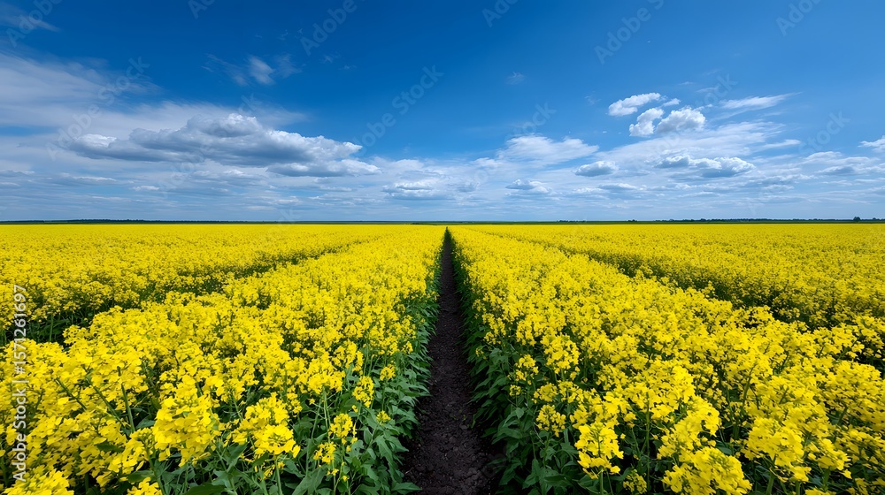 Obraz premium Vibrant yellow flower field under a blue sky.