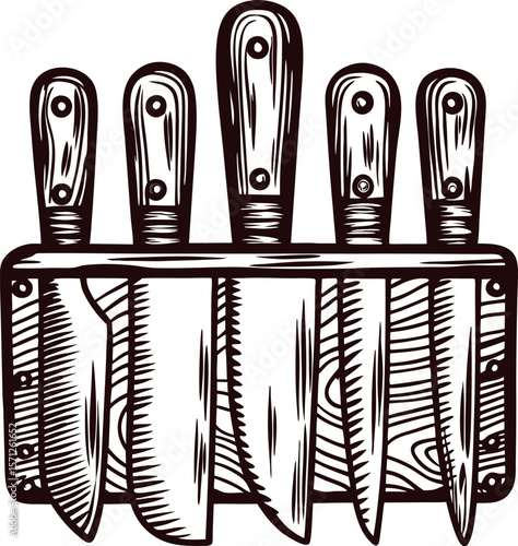 Set of five kitchen knives in wooden block holder hand drawn engraving black and white illustration