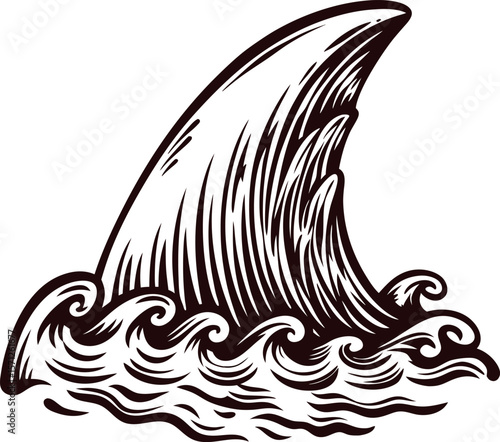 vintage hand drawn shark fin above ocean waves isolated on white background engraved monochrome illustration