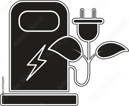 Electric charging station with plug and leaf icon representing green energy refueling and sustainable transport with transparent background