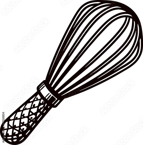 Hand drawn wire whisk illustration with textured handle isolated on white background in vintage