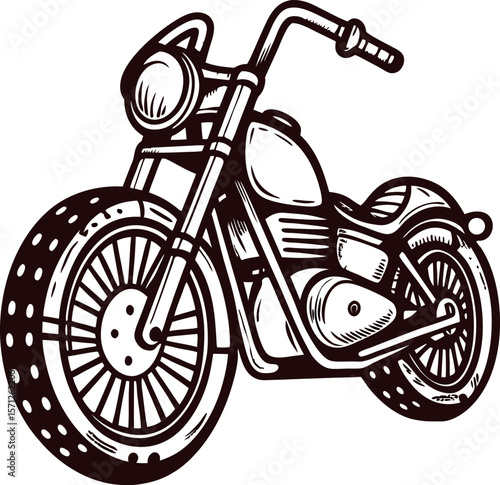 Vintage hand drawn illustration of a classic cruiser motorcycle with large front wheel and detailed engine parts