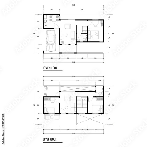 Black and White floor plan of a modern unfurnished house for your design. Suburban house vector blueprint. Architectural background.