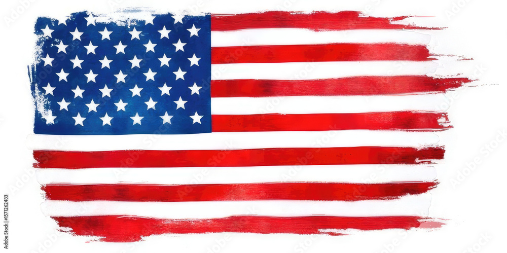 A stylized representation of the American flag with red and white stripes and a blue field of stars. The design features a brushstroke effect. A stylized representation of the American flag with red and white stripes and a blue field of stars. The design features a brushstroke effect.