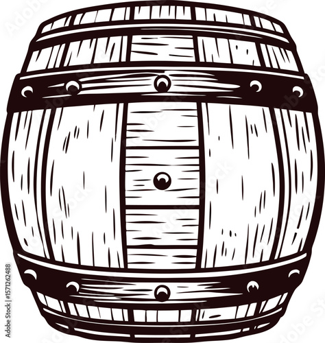 Vintage engraved wooden barrel illustration in black and white classic hand drawn rustic oak cask container design