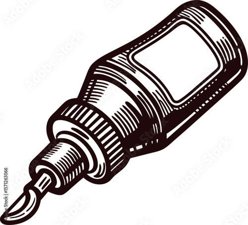 Hand drawn illustration of glue bottle with applicator tip, vintage isolated on white background