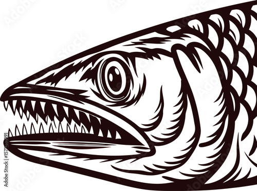 Detailed illustration of predatory fish head with sharp teeth and aggressive expression isolated on white background
