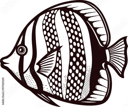 Hand drawn angelfish illustration with bold stripes and spotted patterns, isolated on white background