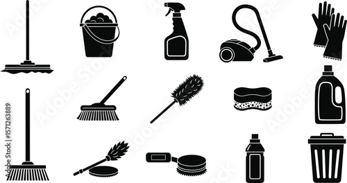 A collection of cleaning supplies and tools are displayed in a neat arrangement, ready for tackling household chores
