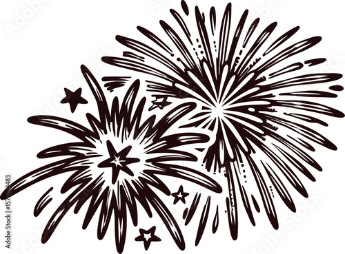 Hand drawn vintage fireworks burst with stars isolated on white background black engraved festive illustration