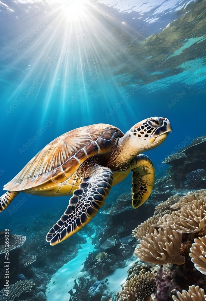Obraz premium Sea Turtle Swimming Over Coral Reef in Clear Tropical Waters. for ocean conservation, wildlife, diving, and nature themes.