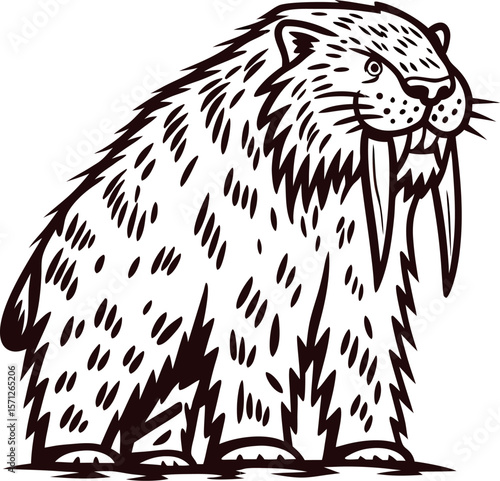 Hand drawn vintage engraving of a prehistoric saber toothed tiger illustration in black and white