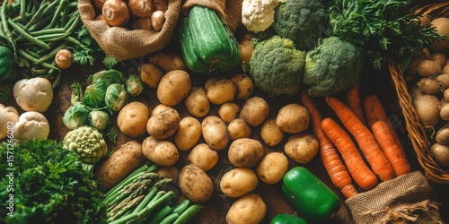 Top-down Food Images And Cooking Concept. Fresh and Organic Vegetables Variety on Rustic Wooden Background for Healthy Cooking