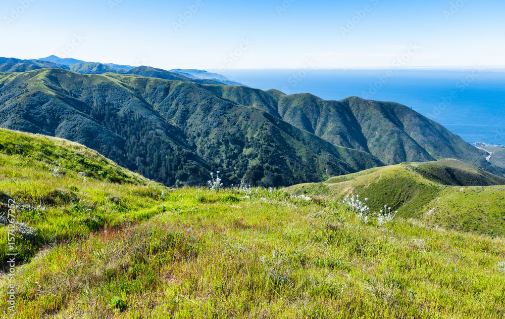 Obraz premium Sweeping ocean and mountain views from the Soberanes Canyon Trailhead in Garrapata State Park, along California scenic Highway 1, on a clear spring day surrounded by fresh green hills