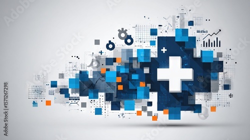 Abstract digital healthcare design with blue cross and geometric squares representing medical technology innovation and data analysis