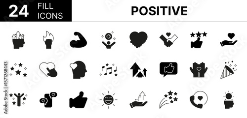 Collection of 24 positive fill icons featuring editable strokes. These outline icons depict various modes of positive, icon, vector, positive, aggressive, passion, smile, mental, courage, hustle, ment
