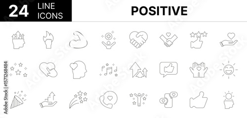 Collection of 24 positive line icons featuring editable strokes. These outline icons depict various modes of positive, icon, vector, positive, aggressive, passion, smile, mental, courage, hustle, ment
