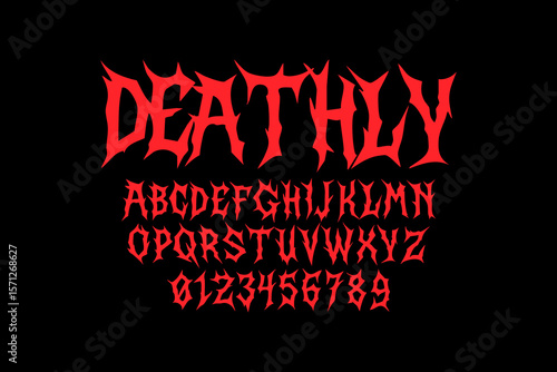 Horror font design. Punk, metal, thrash alphabet and number for your brand or band