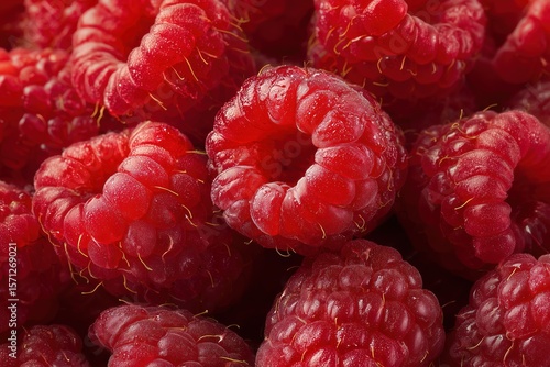 Close-up of fresh, vibrant red raspberries with detailed texture and natural light reflections, perfect for food or nature enthusiasts 