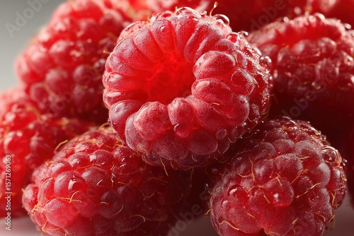 Close-up of fresh, vibrant red raspberries with detailed texture and natural light reflections, perfect for food or nature enthusiasts 