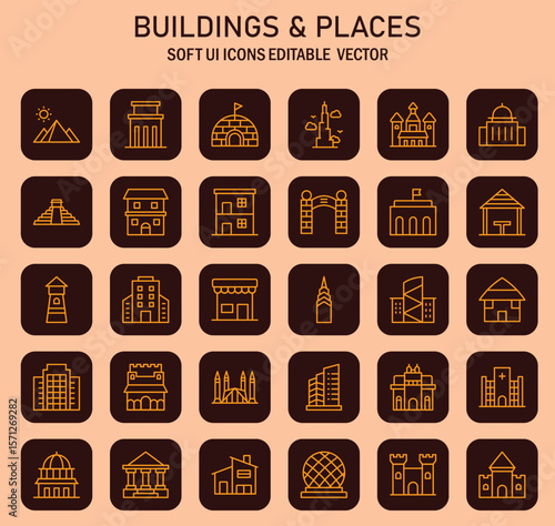 Diverse architectural icons showcasing global structures and landmarks in minimalist design and soft user interface