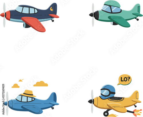 A fun and colorful set of cartoon airplanes, some with cute animal or character pilots. Perfect for children's illustrations, travel-themed designs,