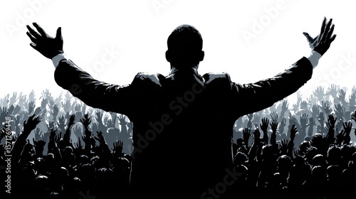 Silhouette of speaker with cheering crowd