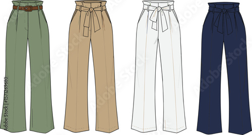 Women’s high-waist pants CAD, fashion technical sketch, wide-leg trousers with belt, front view, vector template, colored flats.
