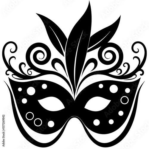 Ornate black masquerade mask with feather accents white