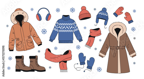 Cozy winter apparel collection featuring warm jackets hats scarves gloves and boots for cold weather activities
