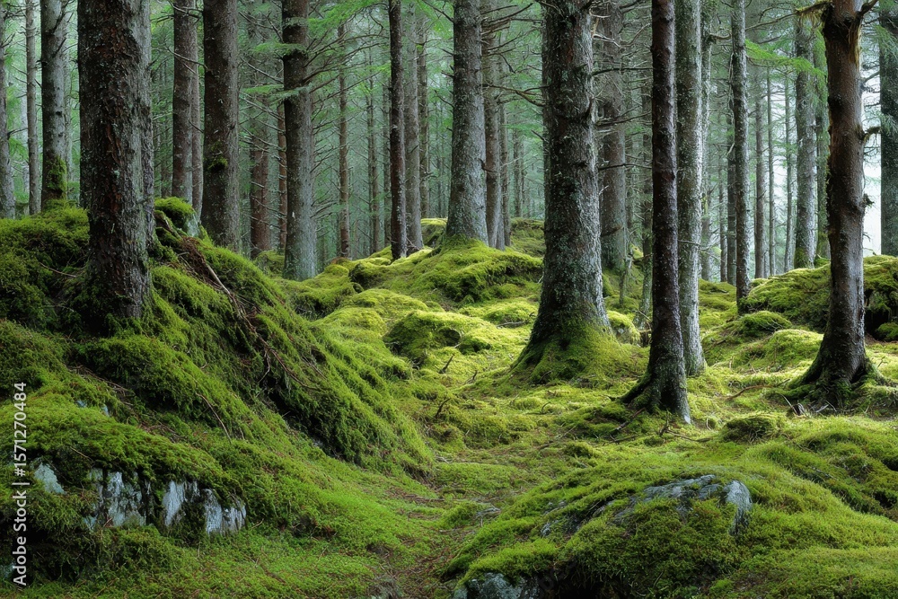 Fototapeta premium Panoramic view of green mossed Scottish highlands pine forest