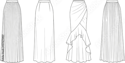Women’s maxi skirts fashion technical flat sketch set, pleated, fitted, and ruffle designs, vector template for pattern.