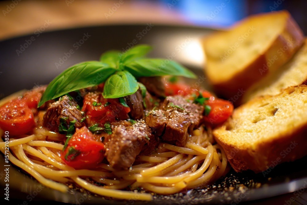 Fototapeta premium Pasta with garlic oil bread and beef