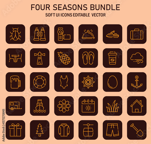 Diverse collection of softly shaded icons representing seasonal activities and leisure pursuits  aesthetically