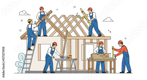 Construction workers building a new house roof together creating a strong home