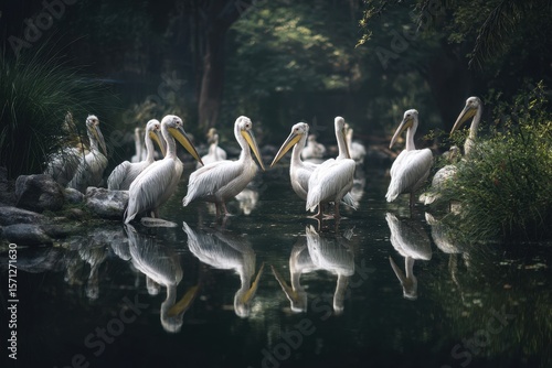 Pelican silhouettes on the water