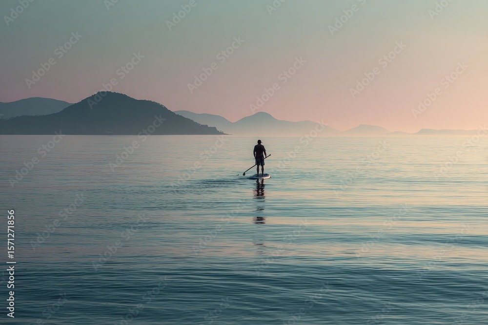 Fototapeta premium Person paddleboarding on a tranquil ocean in the evening