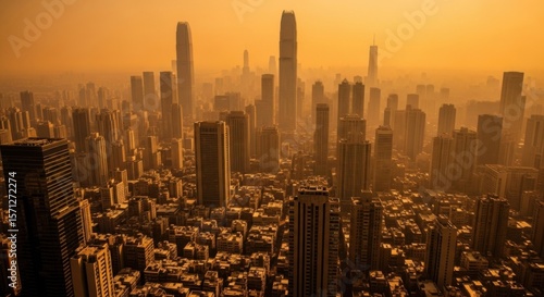 Stunning Aerial View of City Skyline with Golden Sunset Over Buildings