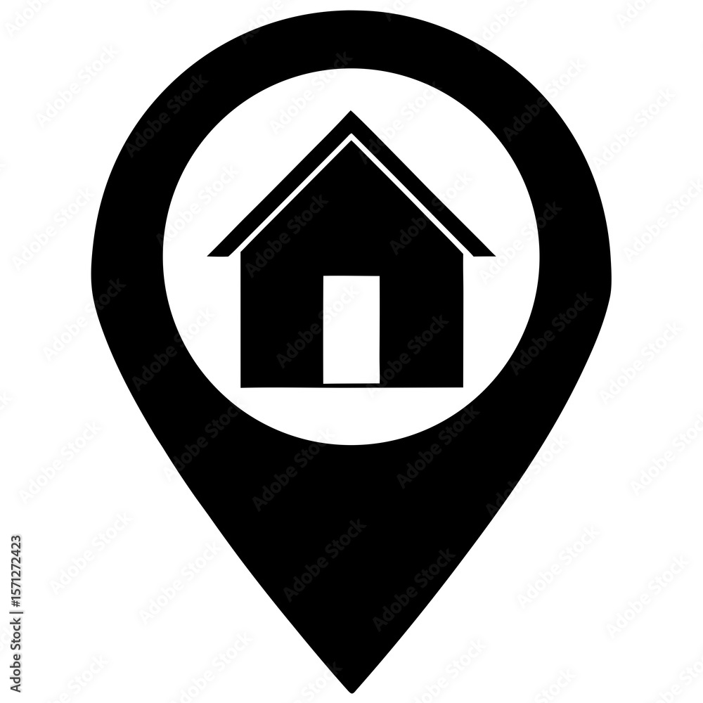 Black location pin with white house symbol house icon Black location pin with white house symbol house icon