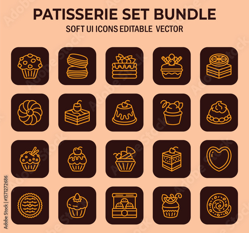 Elegant patisserie icon compilation showcasing a delightful array of soft user interface elements for bakery design