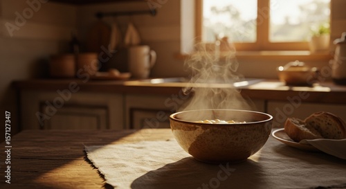 Warmth and Comfort: A Rustic Kitchen Scene with Steaming Soup
