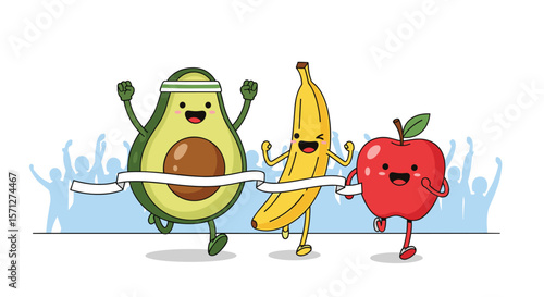 Avocado banana and apple running a race crossing the finish line together