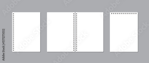 Minimal spiral notebooks set on gray background – top view of open, closed, and top-bound notepads, perfect for journaling, sketching, school, or office use