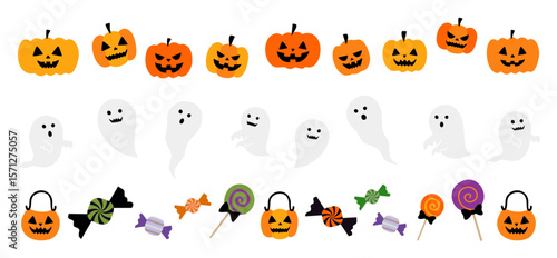 ハロウィンのラインイラストセット(幽霊 おばけ かぼちゃ お菓子 蜘蛛の巣 墓 ベクター 編集可能)