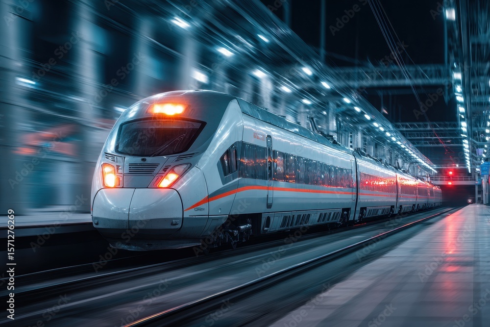 Fototapeta premium Nighttime blurred modern intercity train moving through a lit railway station offering passenger transport