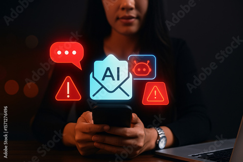 AI-powered email security concept. Woman using smartphone with artificial intelligence to detect and filter spam, phishing scams, and malicious cyber threats from her inbox.