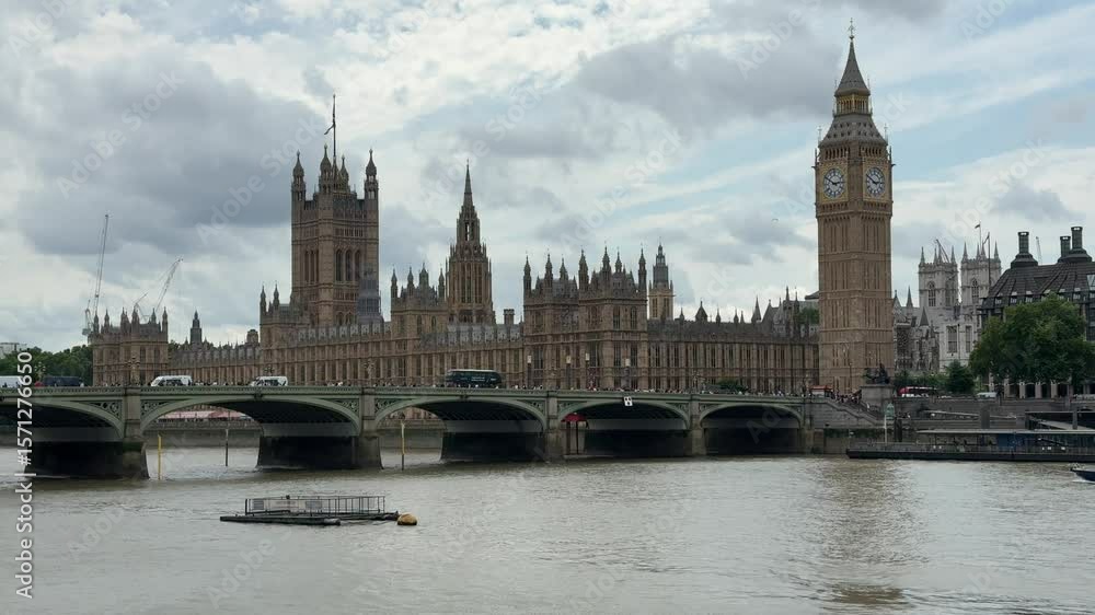 skyline from london uk with big ben westminster hall and the thames river typical English weather 4k skyline from london uk with big ben westminster hall and the thames river typical English weather 4k