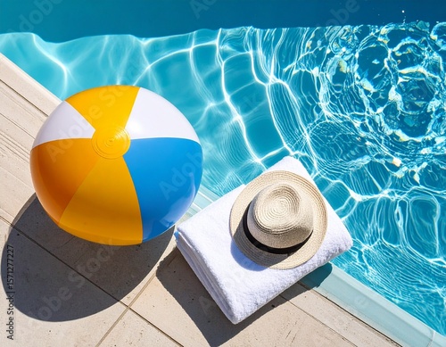 Top-down view of a clean swimming pool with a float, beach ball, and towel nearby, summer holiday, summer vibe