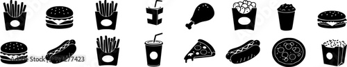 Fast food silhouette icons set – solid, filled, meal and snack symbols
